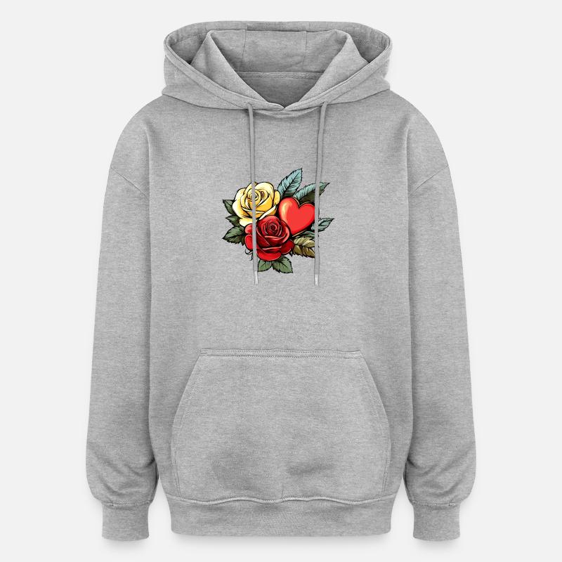 Rose Coeur Amour Saint Valentin - Sweat à capuche oversize unisexe - gris chiné