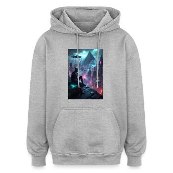 Graphismes cyberpunk. - Sweat à capuche oversize unisexe - gris chiné - Devant - Noah (186cm)