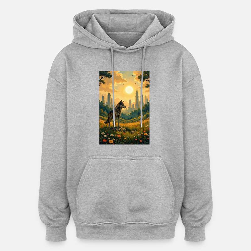 Das Bild des Wolfes - Oversized Unisex Hoodie - Grau meliert