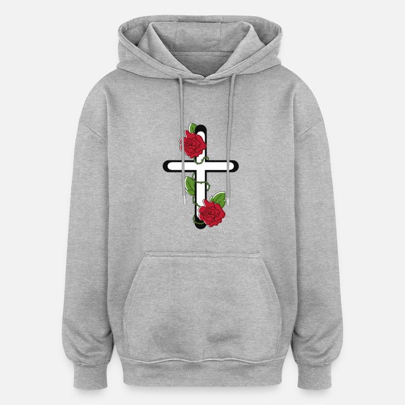 Croix avec Roses - Sweat à capuche oversize unisexe - gris chiné