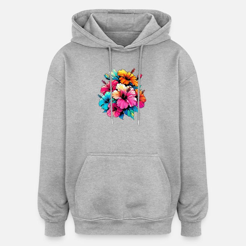Fleurs d’hibiscus - Sweat à capuche oversize unisexe - gris chiné