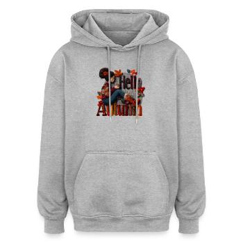 Hello Autumn – Gemütliches Herbstmädchen mit Kaffee, Blumen - Oversized Unisex Hoodie - Grau meliert - Vorne - Noah (186cm)