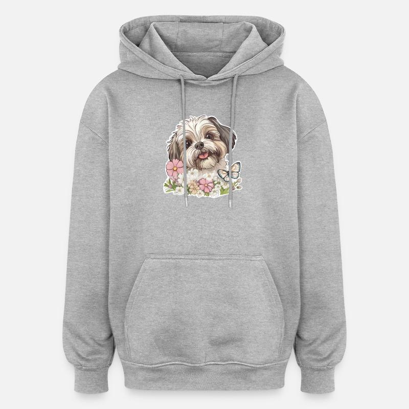 Shih Tzu et papillon - Sweat à capuche oversize unisexe - gris chiné