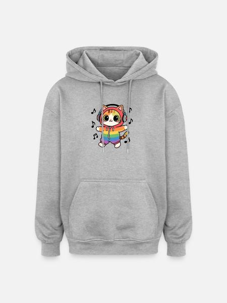 Regenbogenkatze DJ Hoodie Musiknotizen - Oversized Unisex Hoodie - Grau meliert