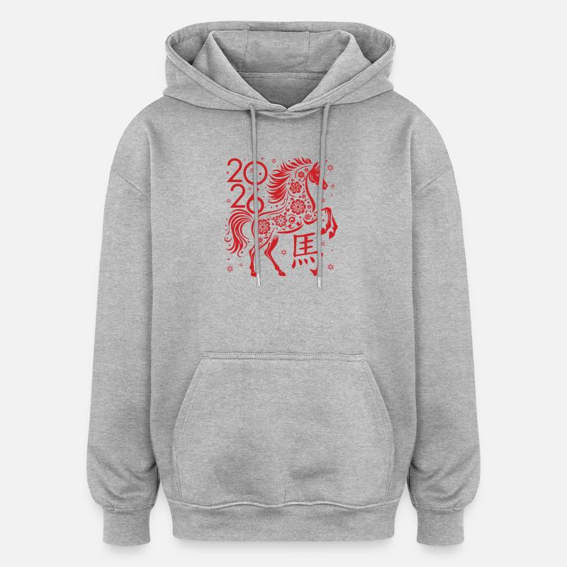 Chinesisches Neujahr des Pferdes 2026 - Oversized Unisex Hoodie - Grau meliert