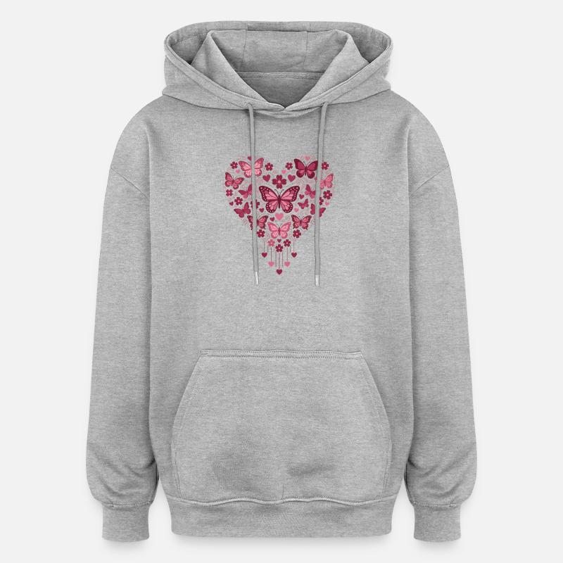 Coeur papillon floraison rose - Sweat à capuche oversize unisexe - gris chiné