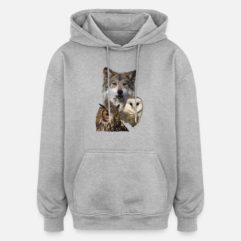 Wolf und Eulen - Oversized Unisex Hoodie - Grau meliert