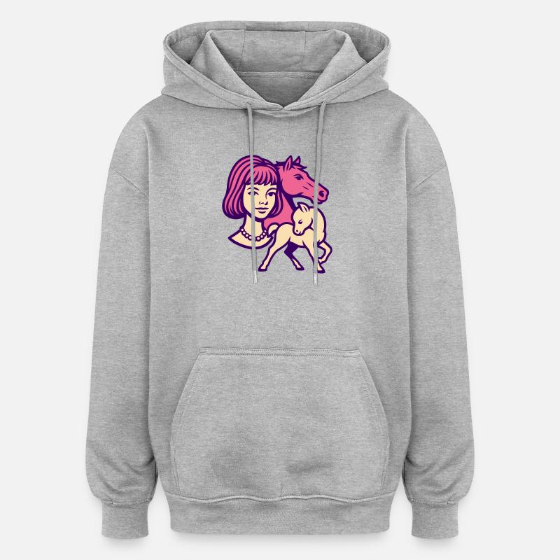 Fille Cheval Pop Art Rose - Sweat à capuche oversize unisexe - gris chiné