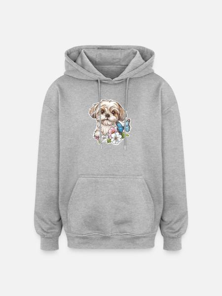 Shih Tzu and Butterfly - Oversized Unisex Hoodie - heather grey