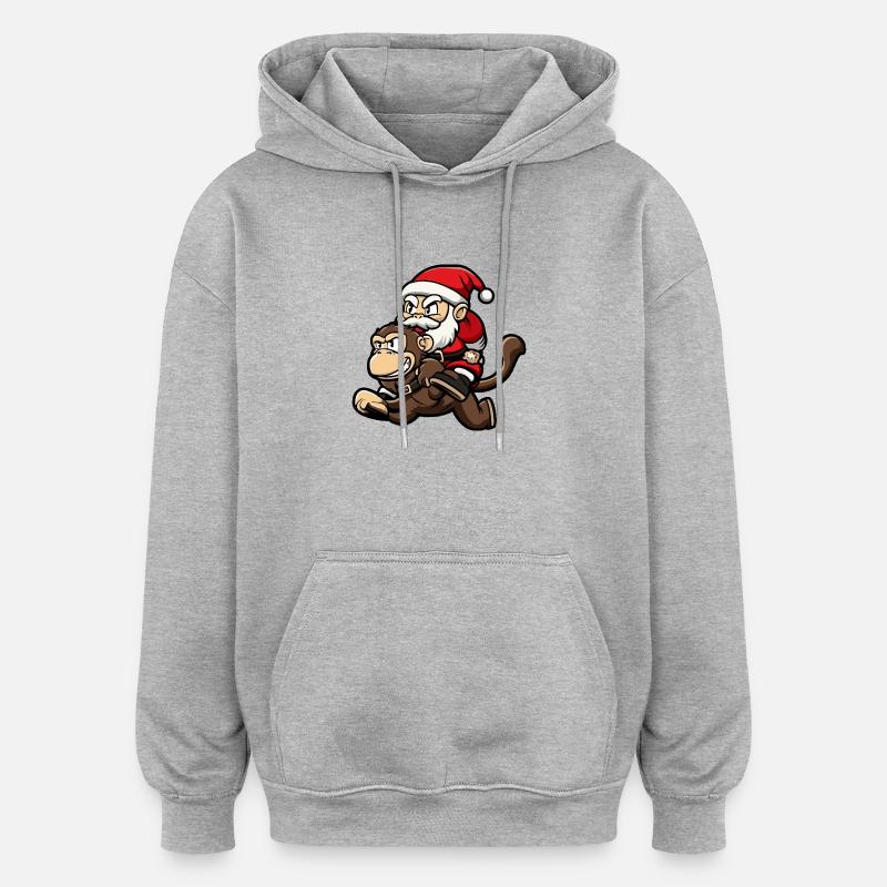 Singe Père Noël dessin animé - Sweat à capuche oversize unisexe - gris chiné