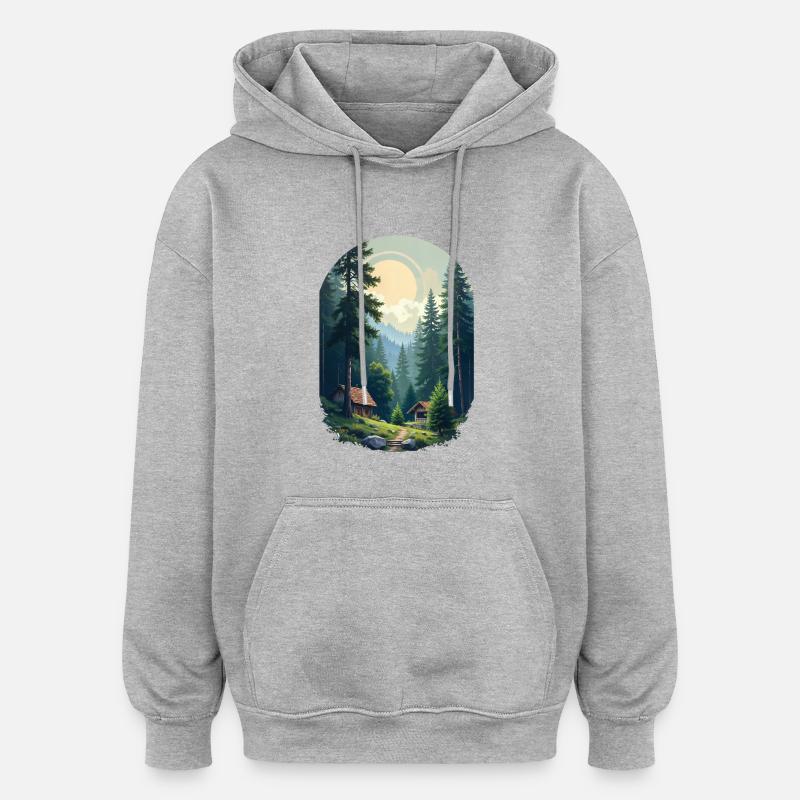 Cabane pixélisée dans les bois - Sweat à capuche oversize unisexe - gris chiné