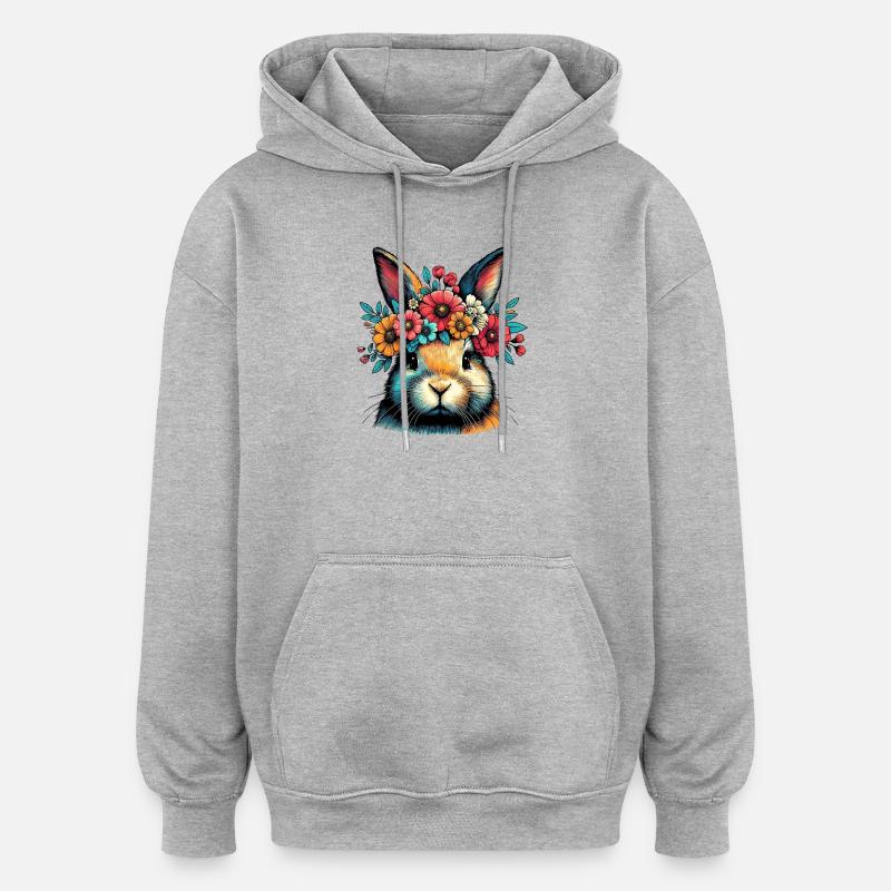 Hase mit Blumen - Oversized Unisex Hoodie - Grau meliert