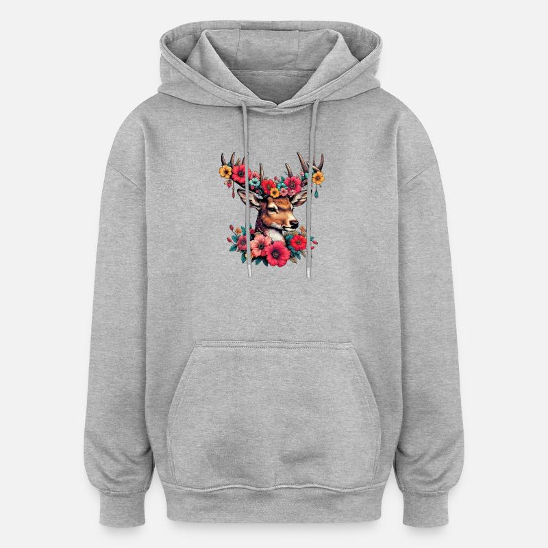 Cerf avec des fleurs - Sweat à capuche oversize unisexe - gris chiné