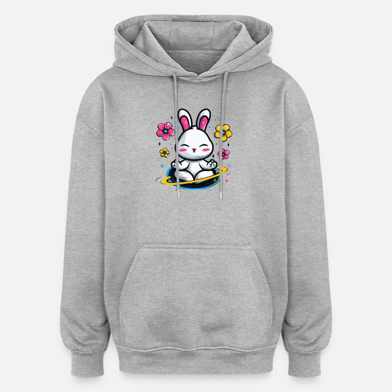 Lapin Lune dans le Cercle de Fleurs - Sweat à capuche oversize unisexe - gris chiné
