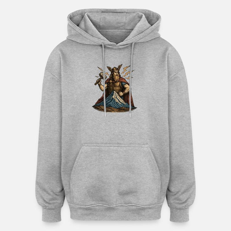 Thor avec un marteau au-dessus de la colline - Sweat à capuche oversize unisexe - gris chiné