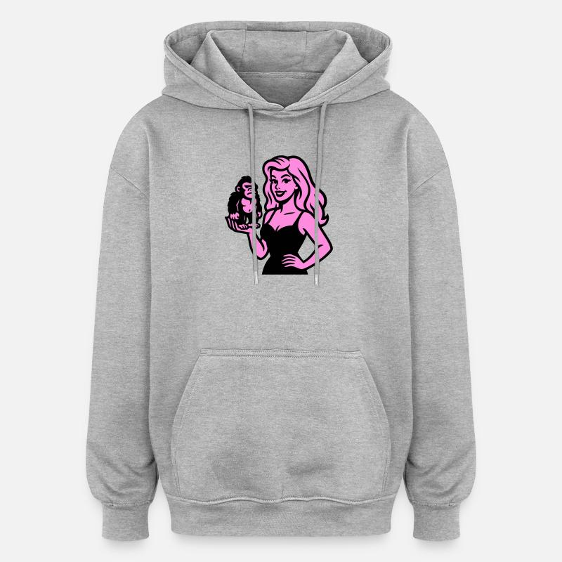 Blonde avec petit gorille - Sweat à capuche oversize unisexe - gris chiné