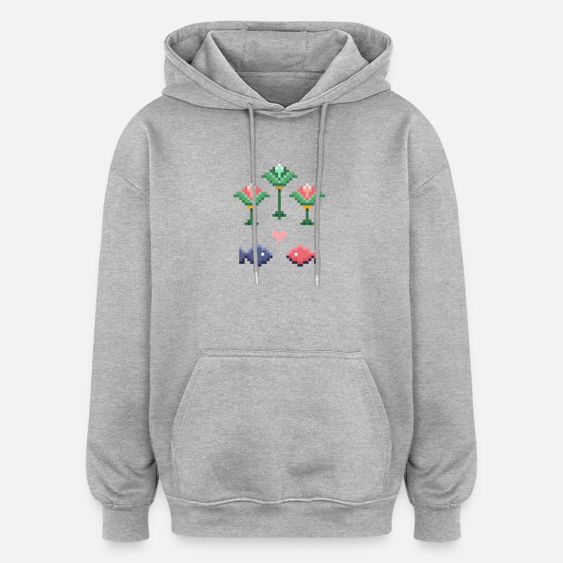 Pixel Art Motif Poisson et Fleur - Sweat à capuche oversize unisexe - gris chiné