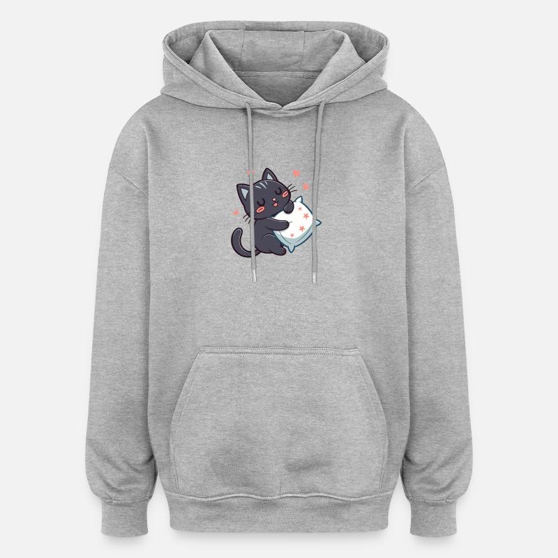 Starry Cuddly Black Cat with Pillow - Oversized Unisex Hoodie - heather grey