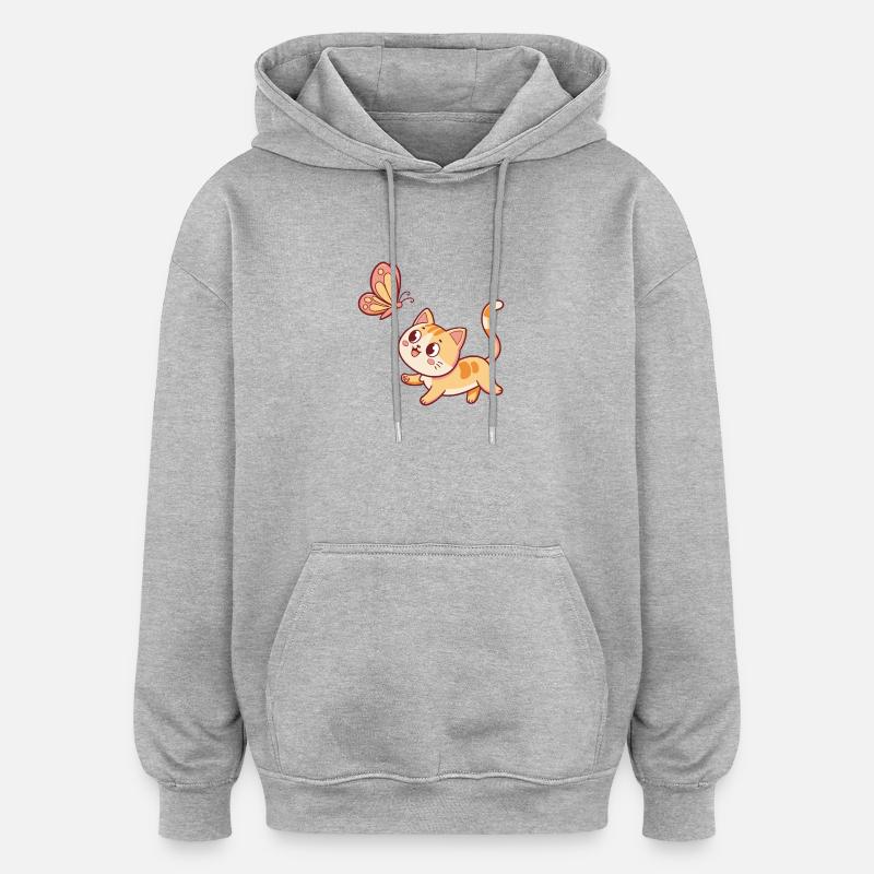 Chat curieux et papillon - Sweat à capuche oversize unisexe - gris chiné