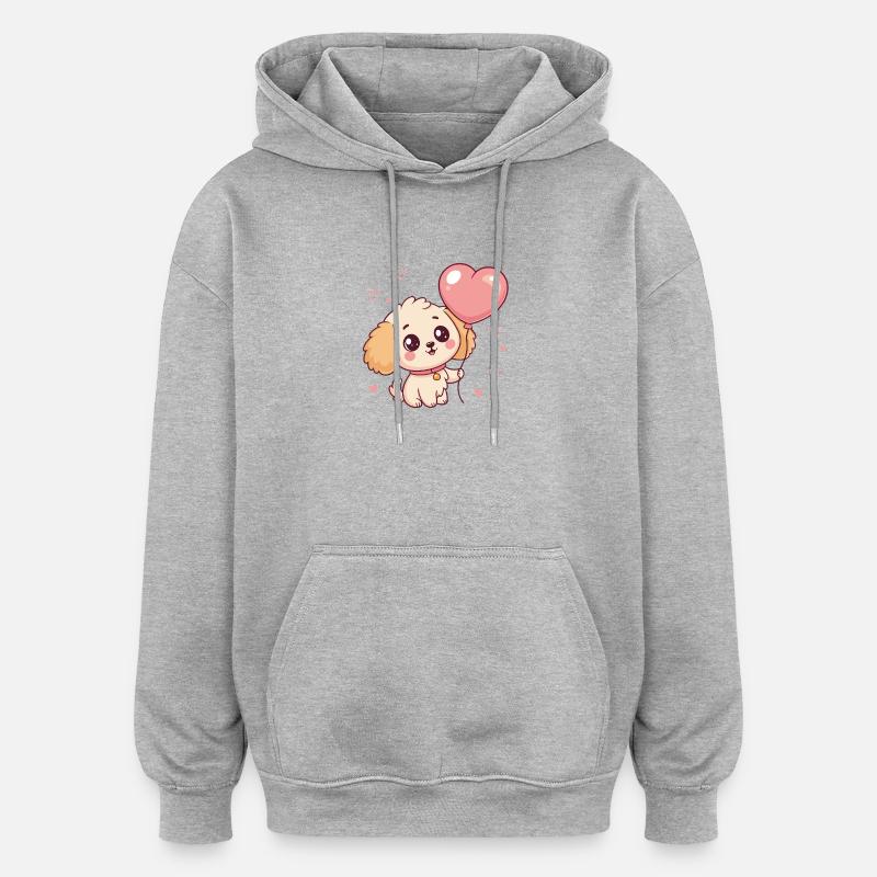 Chiot Caniche mignon au ballon cœur - Sweat à capuche oversize unisexe - gris chiné