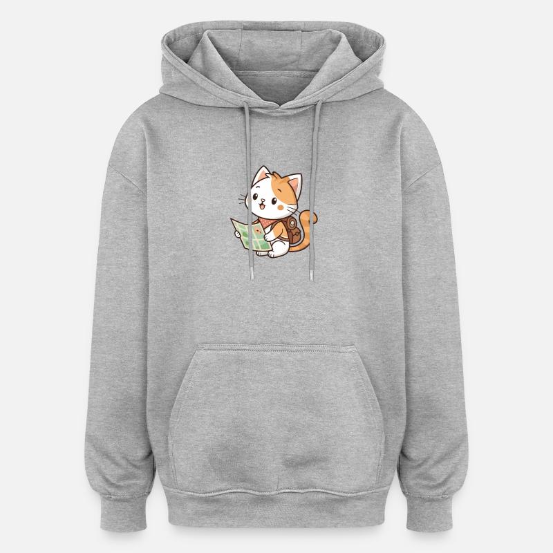Chat explorateur kawaii lisant carte - Sweat à capuche oversize unisexe - gris chiné