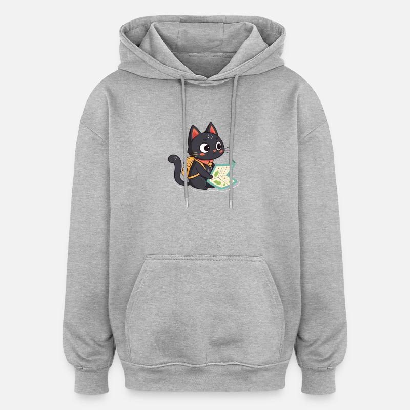 Chat voyageur aventureier lisant une carte - Sweat à capuche oversize unisexe - gris chiné