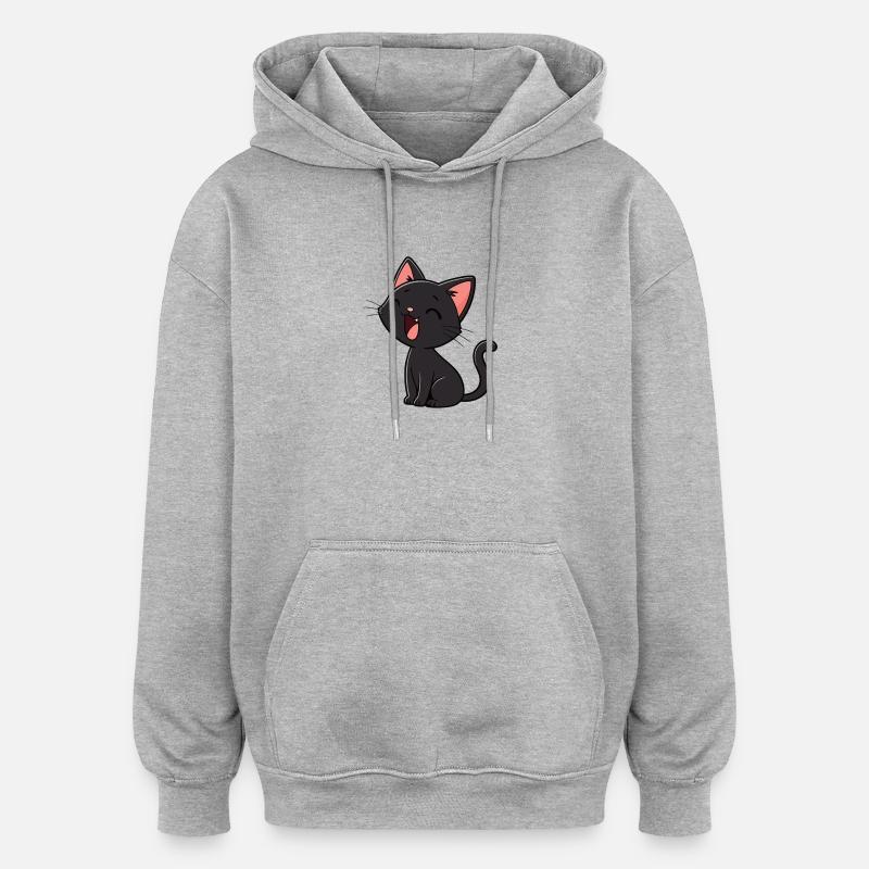 Chaton Noir Rieur Minimal - Sweat à capuche oversize unisexe - gris chiné