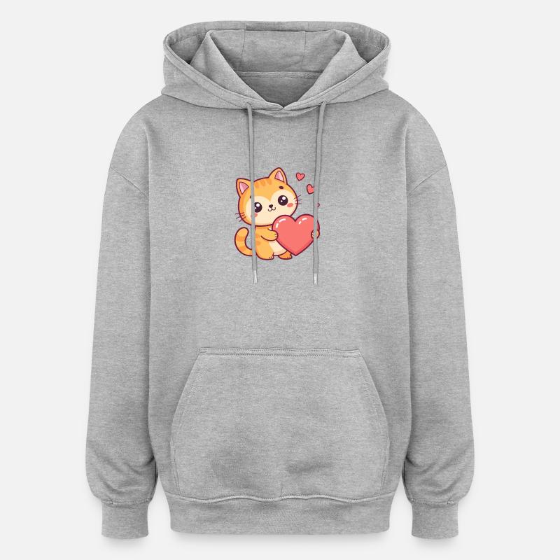 Chat mignon tenant un cœur - Sweat à capuche oversize unisexe - gris chiné