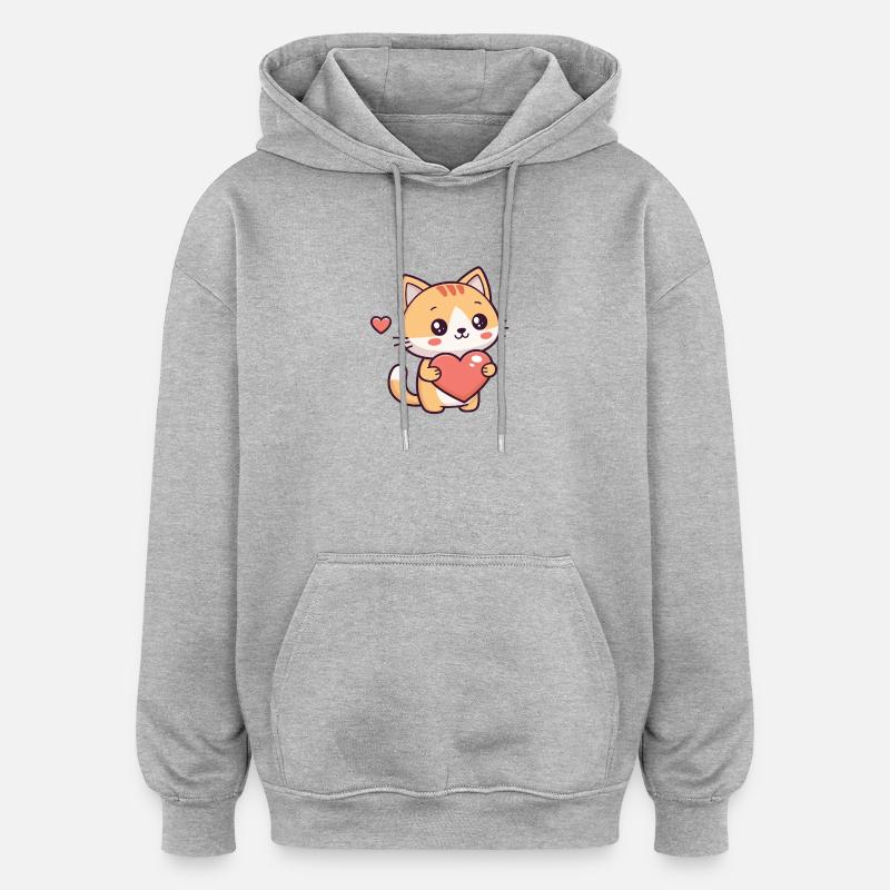 Chat mignon tenant un cœur - Sweat à capuche oversize unisexe - gris chiné