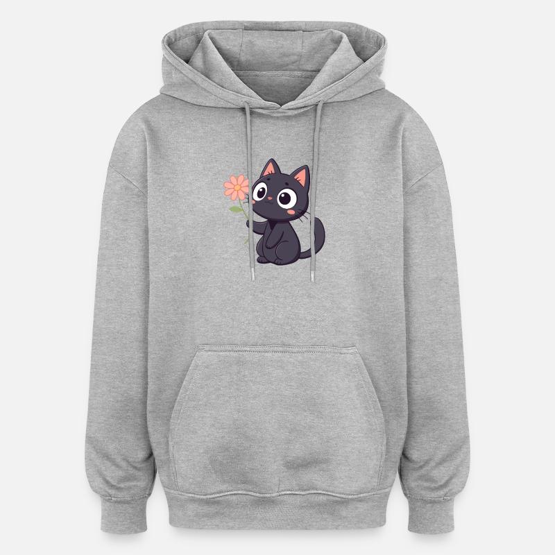 Chat noir kawaii avec fleur - Sweat à capuche oversize unisexe - gris chiné