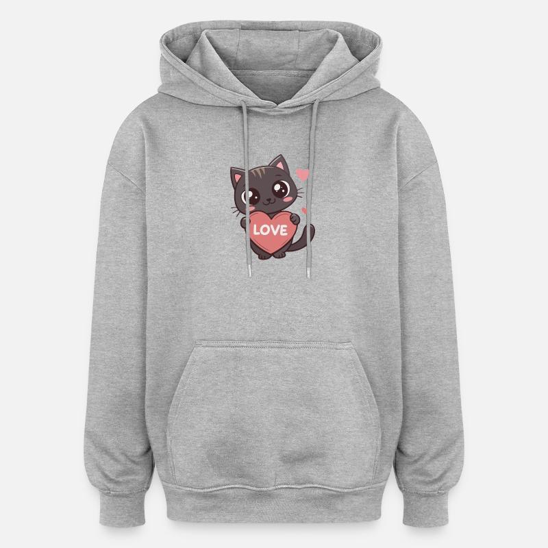 Chat kawaii tient cœur LOVE - Sweat à capuche oversize unisexe - gris chiné