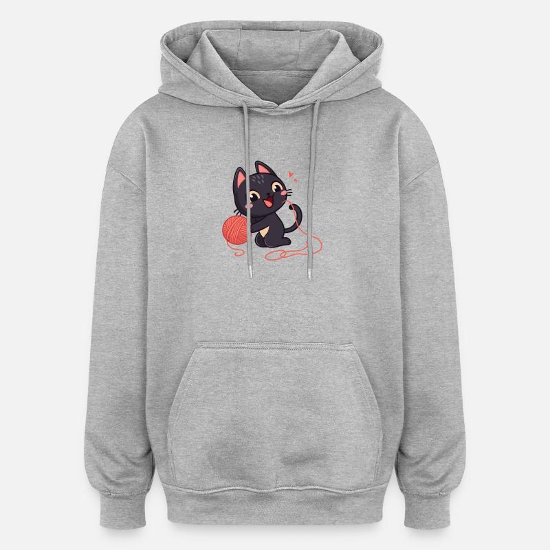 Chaton noir et pelote de laine - Sweat à capuche oversize unisexe - gris chiné