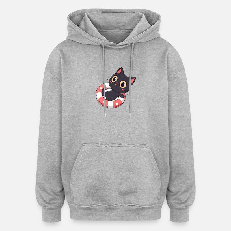 Chat noir sur bouée fleurs - Sweat à capuche oversize unisexe - gris chiné