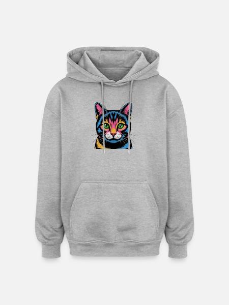 Bunte Pop-Art Katze Neonblick - Oversized Unisex Hoodie - Grau meliert