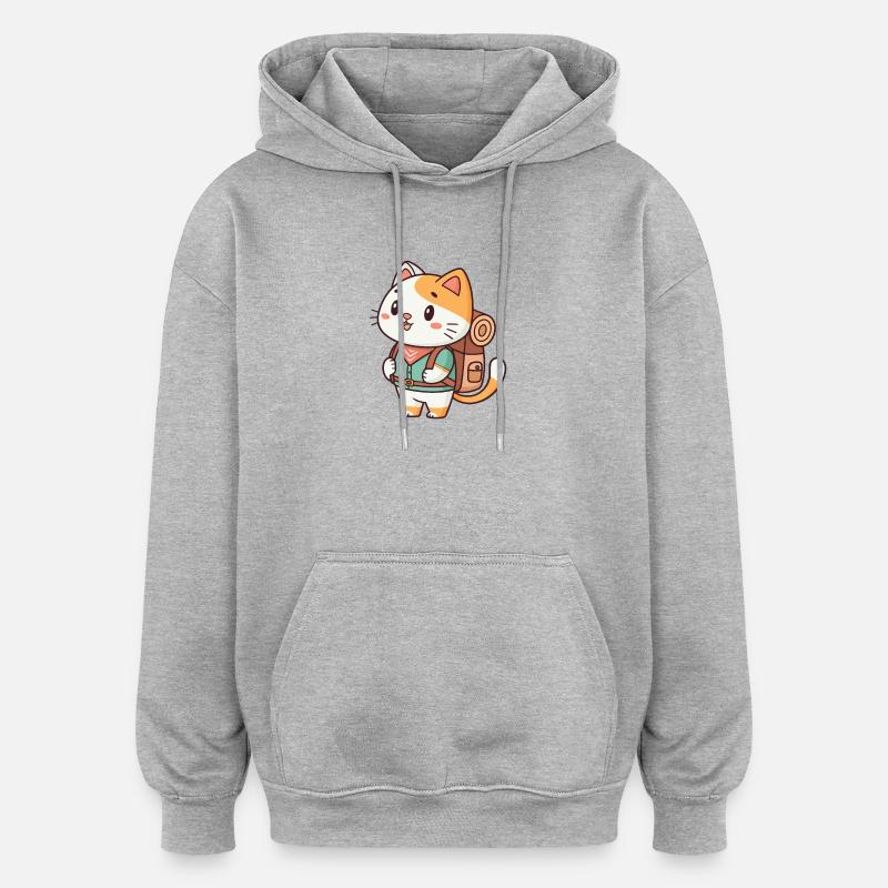 Chat aventurier au sac à dos - Sweat à capuche oversize unisexe - gris chiné