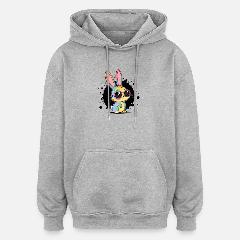 Lapin arc en ciel lunettes pastel - Sweat à capuche oversize unisexe - gris chiné