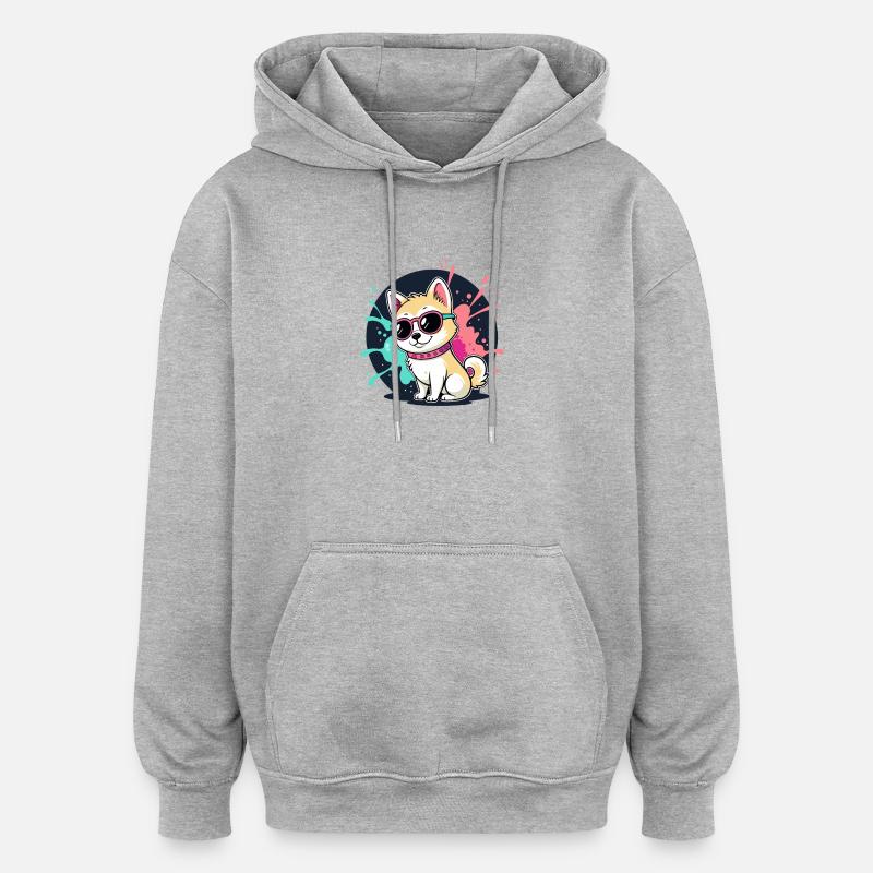 Chiot Kawaii Soleil et Lunettes - Sweat à capuche oversize unisexe - gris chiné