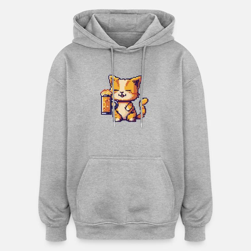Bière Cat Pixel - Sweat à capuche oversize unisexe - gris chiné