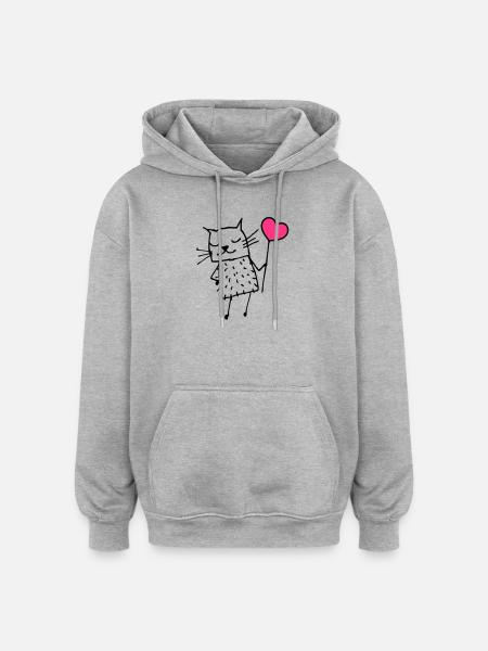 Katze mit Herz: Liebe - Oversized Unisex Hoodie - Grau meliert