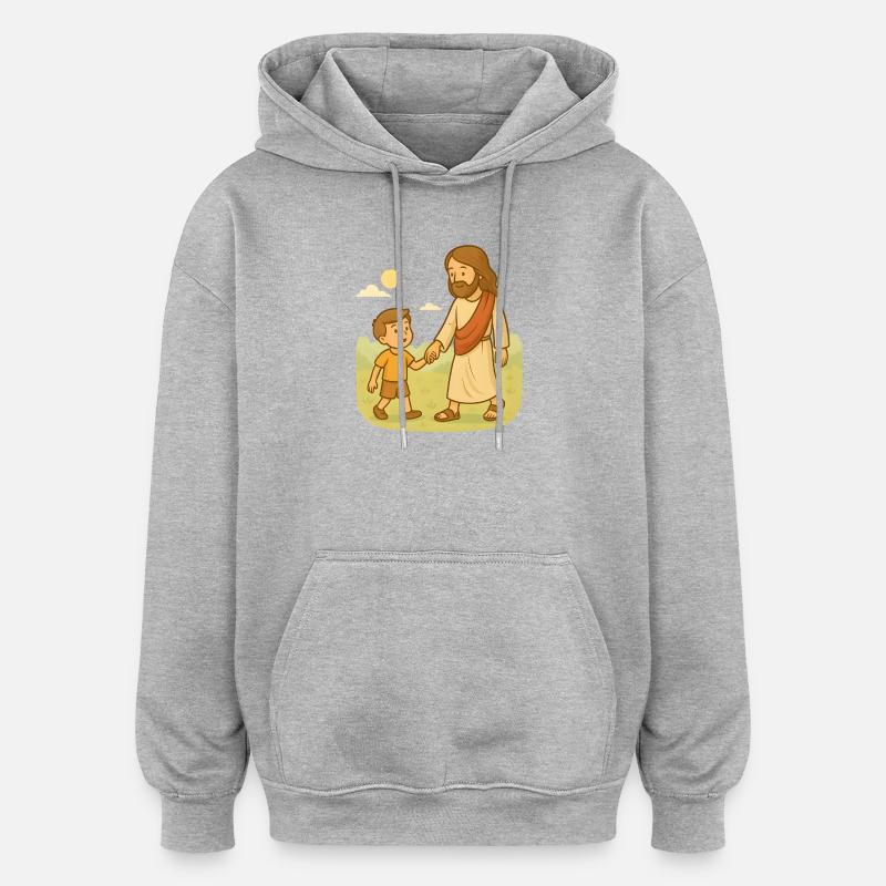 Marcher avec Jésus (garçon) - Sweat à capuche oversize unisexe - gris chiné