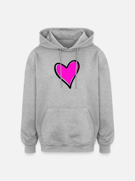 Bright Pink Heart Motif - Oversized Unisex Hoodie - heather grey