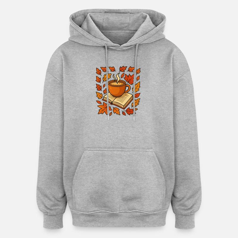 Récolte d’automne : café et livre - Sweat à capuche oversize unisexe - gris chiné