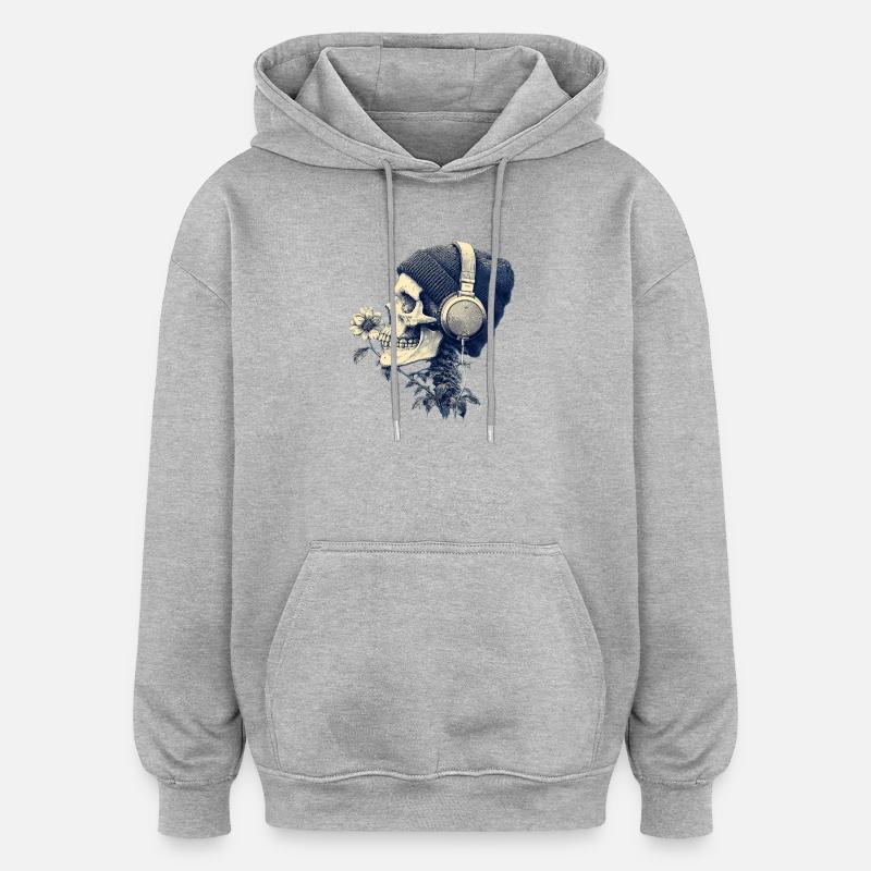 Crâne avec casque et fleurs - Sweat à capuche oversize unisexe - gris chiné
