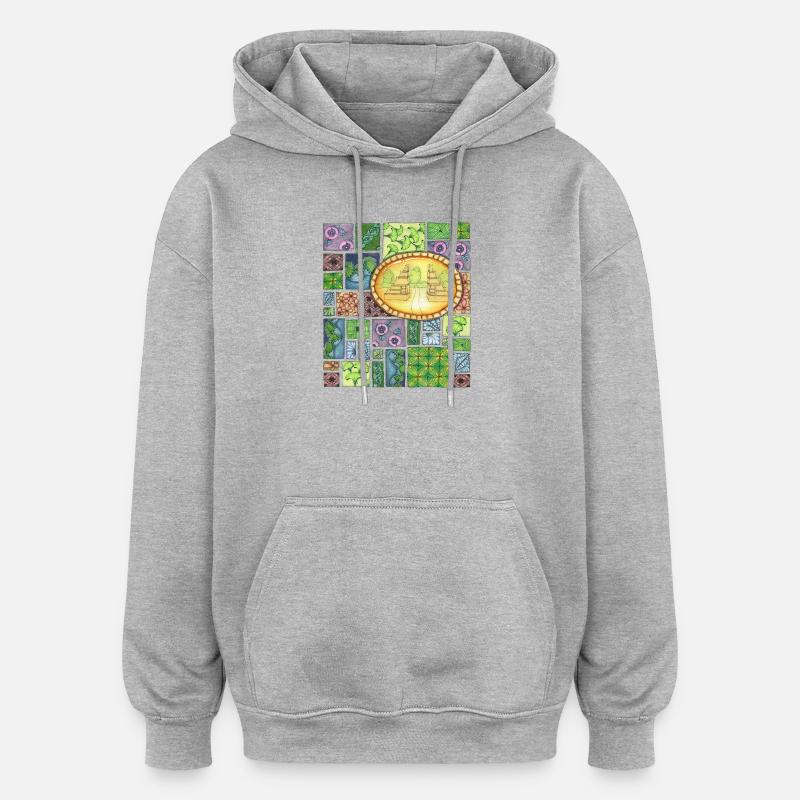 Bali temple on pattern patchwork - Oversized Unisex Hoodie - Grau meliert