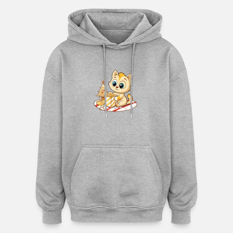Chat mignon déballant cadeau - Sweat à capuche oversize unisexe - gris chiné