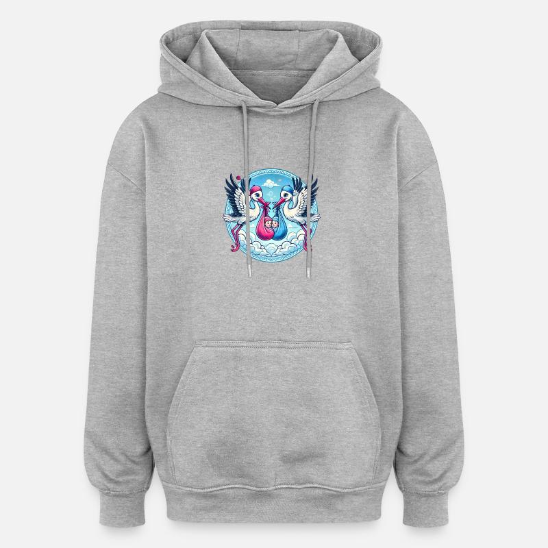 Rosa oder Blauer Storch Baby Bundle Design - Oversized Unisex Hoodie - Grau meliert