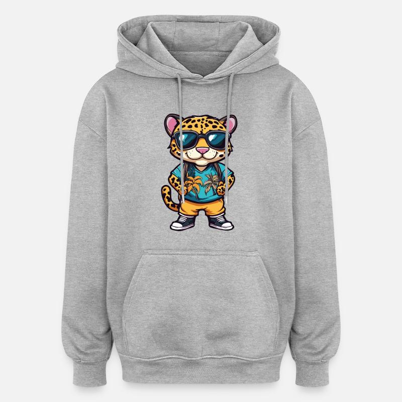 Léopard Bande dessinée Vacances - Sweat à capuche oversize unisexe - gris chiné