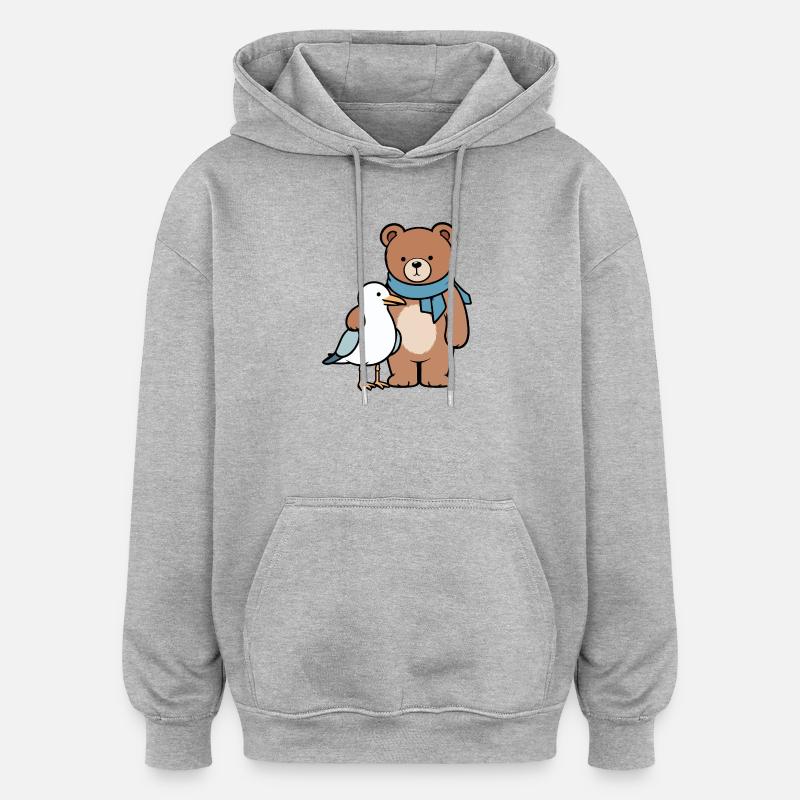 Conception mignonne d’ours et d’oiseau - Sweat à capuche oversize unisexe - gris chiné