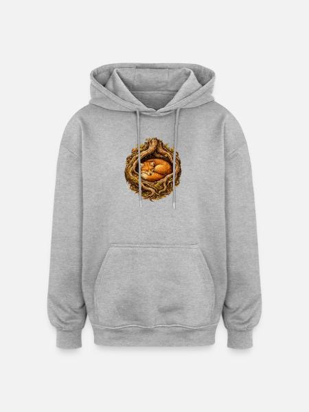 Schlafender Fuchs im Wurzelbau – Waldmotiv - Oversized Unisex Hoodie - Grau meliert