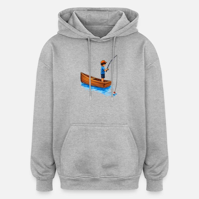 Junge beim Angeln im Boot Illustration  - Oversized Unisex Hoodie - Grau meliert